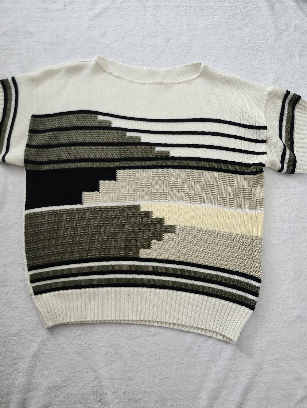 Geometric Block Knit Short Sleeve Top Earth Tone Retro Minimalist Sweater Medium - Picture 3 of 8